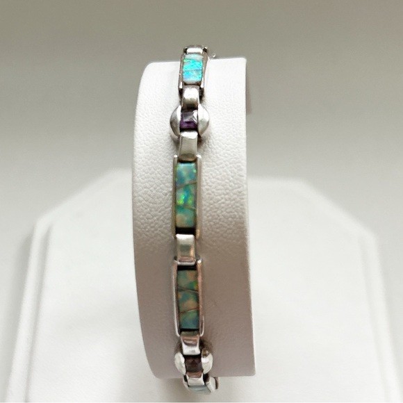 Vintage Signed Southwestern Opal Inlay Sterling Silver Bracelet